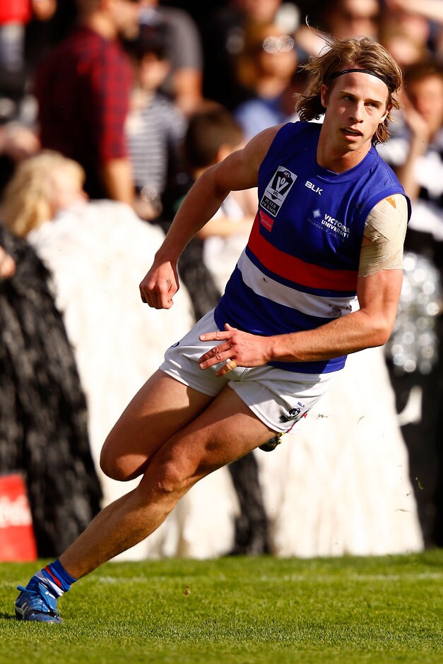 2016 VFL 2nd Preliminary Final - Collingwood v Footscray MELBOURNE, AUSTRALIA - SEPTEMBER 17: Mitch Hannan of the Bulldogs celebrates a goal during the VFL 2nd Preliminary Final match between Collingwood and Footscray Bulldogs at North Port Oval on September 17, 2016 in Melbourne, Australia. (Photo by Darrian Traynor/AFL Media)